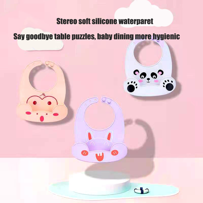 Children's silicone wide cartoon animal cute waterproof bib adjustable stereo pocket snoring baby bib