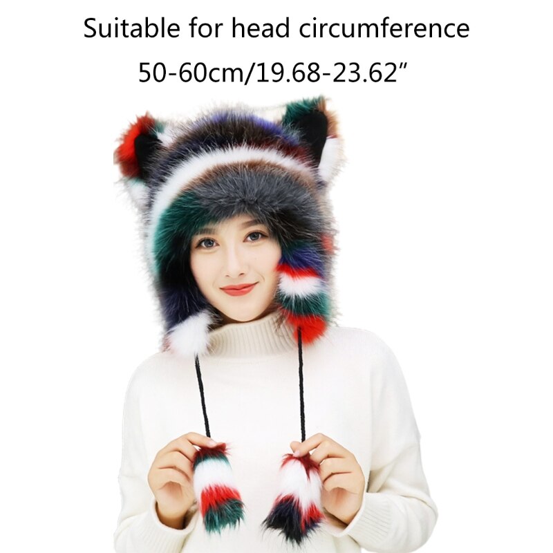 Women Winter Fluffy Furry Trapper Hat Cute Cat Ears Fuzzy Plush Animal Earflap Cap Windproof Thermal Earmuff Warmer