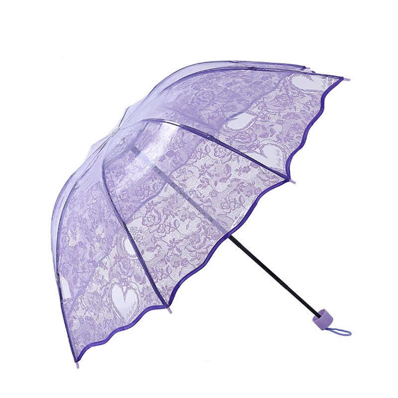 Parapluie de princesse Transparent en dentelle, épais, trois plis, romantique, imprimé coeur rouge, en PVC, pour les amoureux des filles, directe: Violet