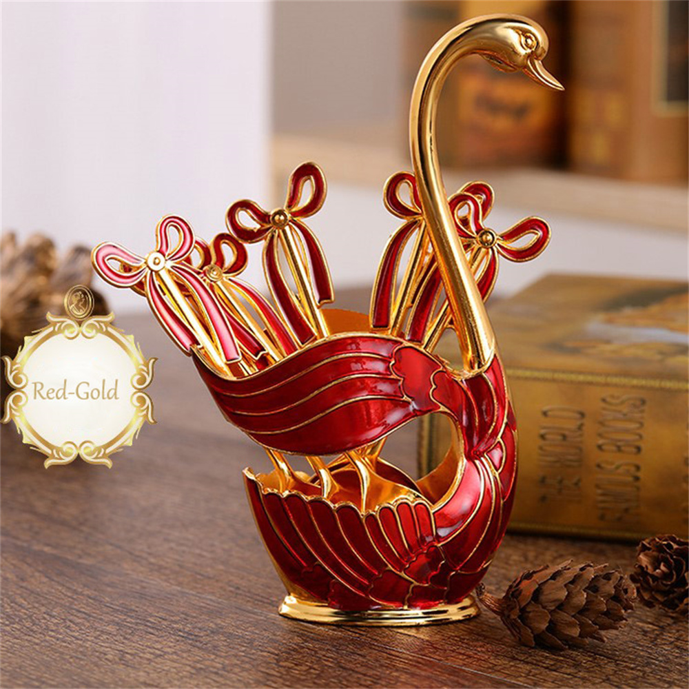 Luxe Metalen Koffie Dessertlepel Set Zwaan Base Houder Met 6Pcs Ijs Lepels Vorken Theelepels Dessert Suiker Salade bestek: Red-Gold 6 spoons