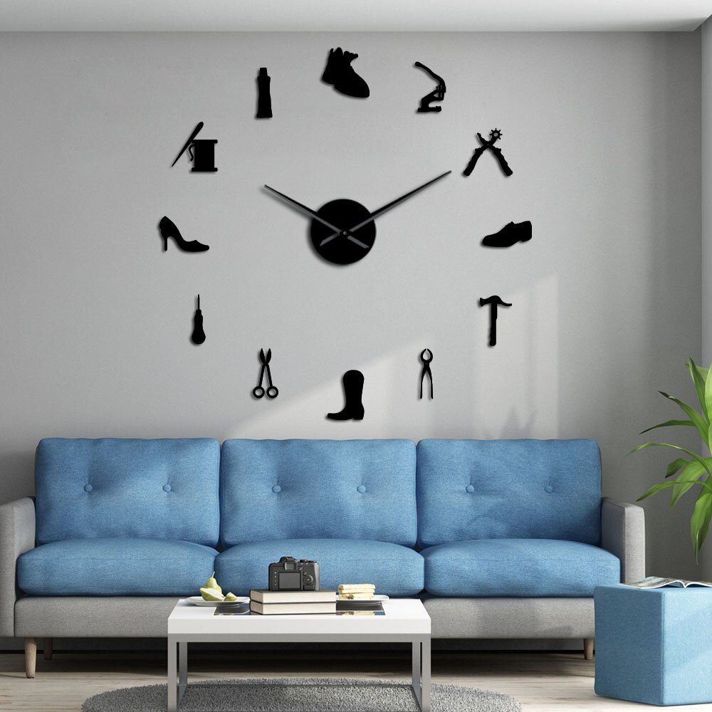 Shoe Repair Wall Art DIY Giant Wall Clock Cobbler Frameless Large Silent Watch Shoe Store Shoe Archer Shoemaker Room Decor