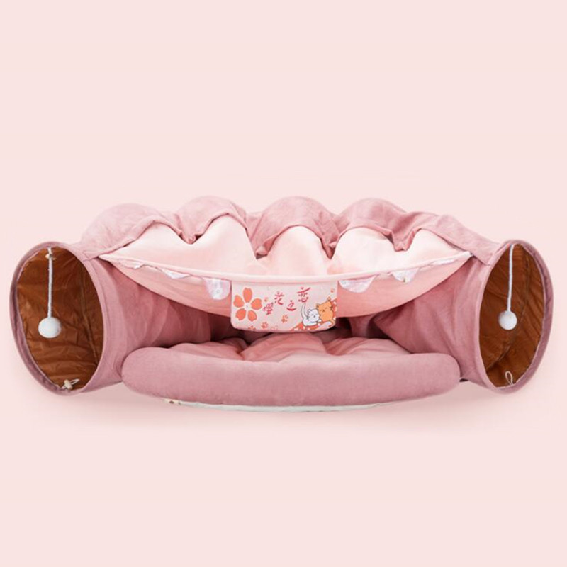 Túnel de juguete para gatos, cama multifunción con bola divertida, tubo cálido y cómodo, casa plegable para gatitos para esconder y dormir, 2 vías: Pink