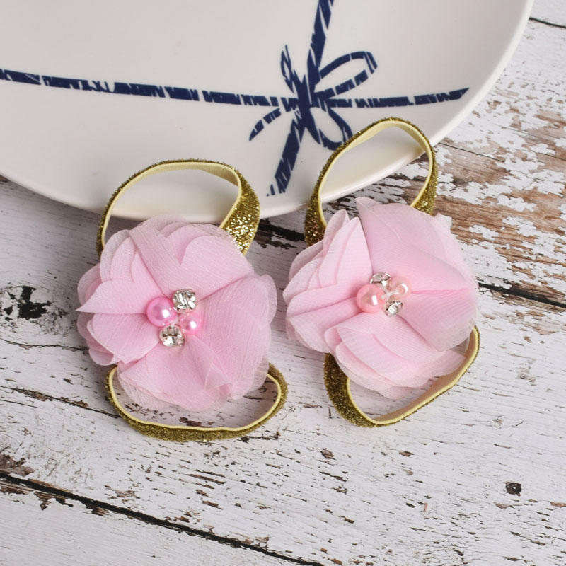 Sandales à nu-pieds pour bébé | Bracelet doré pailleté, fleur, pour -né, chaussures de baptême, accessoires Photo pour bambins de 12M,