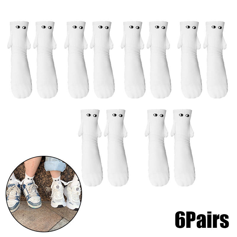 Calcetines magnéticos con manos mujeres hombres negro blanco divertido lindo ojos de dibujos animados pareja calcetines de tubo medio para