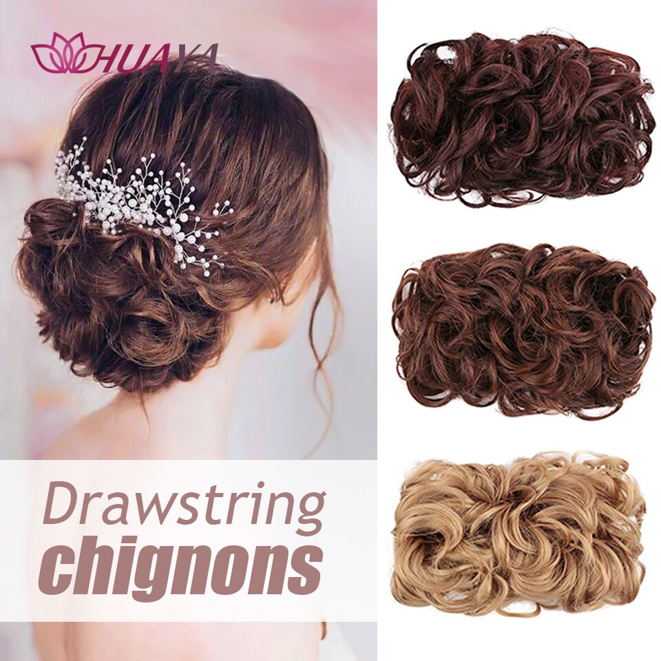 HUAYA Bridal Hair Bun Extension Hair Heat Resistant Fiber Synthetic Wig With Drawstring Curly Chignon Women's Hair Accessories