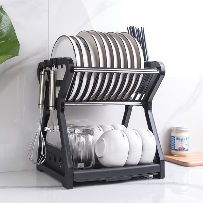 Double-layer Kitchen Dish Bowl Draining Storage Rack Basket with Chopstick Cage 37MF