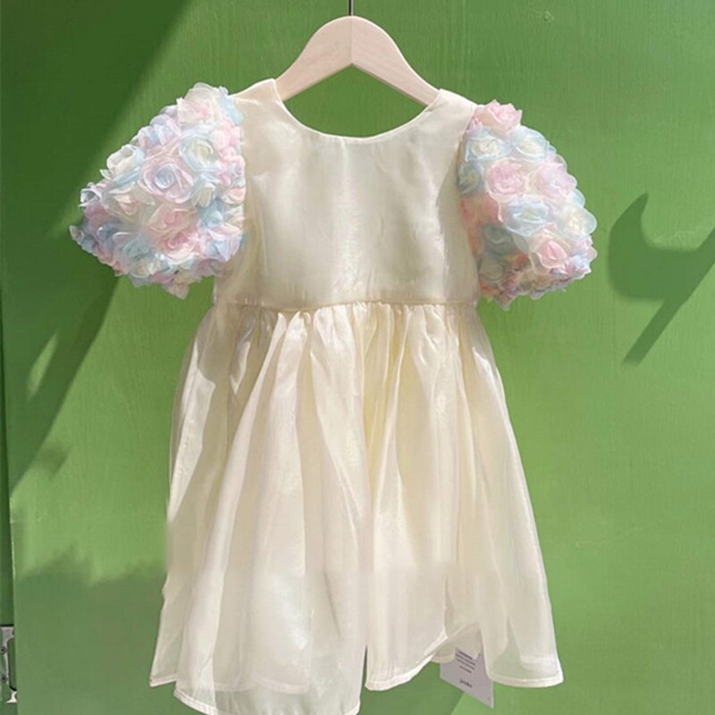 Kinderen Jurk Zomer Party Jurk Voor Kinderen Meisje Verjaardag Drie-Dimensionale Bloem Kleur Bladerdeeg Mouw Mode Casual Jurken: 10T(140)