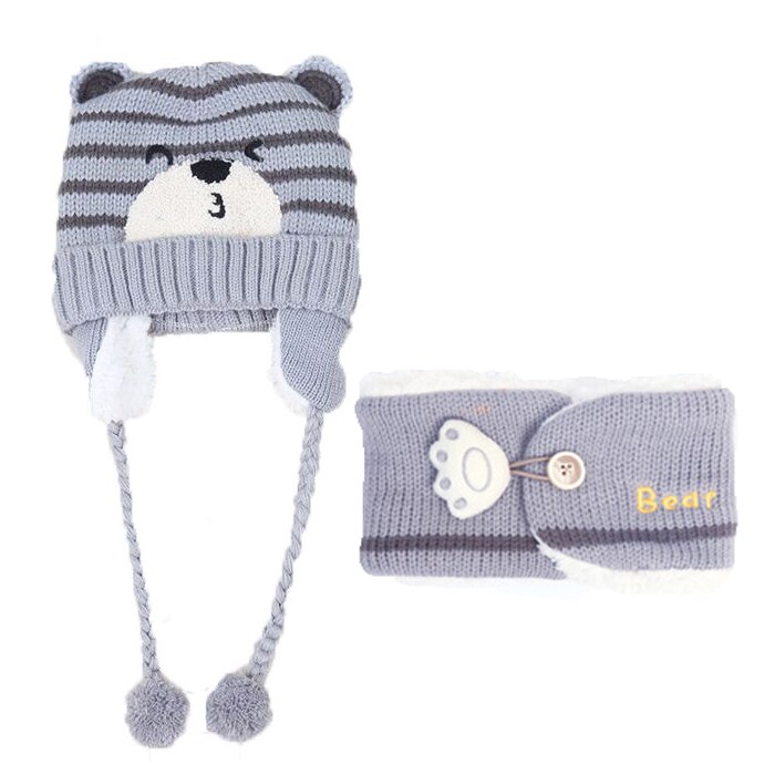Kind Mutsen Cap Set Baby Kids Cartoon Streep Knit Voegen Fluwelen Hoed En Sjaal Winter Warm Pak Set Roze grijs: GRAY