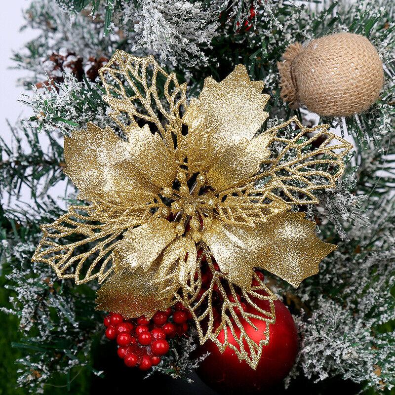 10Pcs Kunstmatige Glitter Bloemen Voor Kerstboom Druppel Ornamenten Simulatie Zijden Bloemen Voor Wedding Party Home Decor