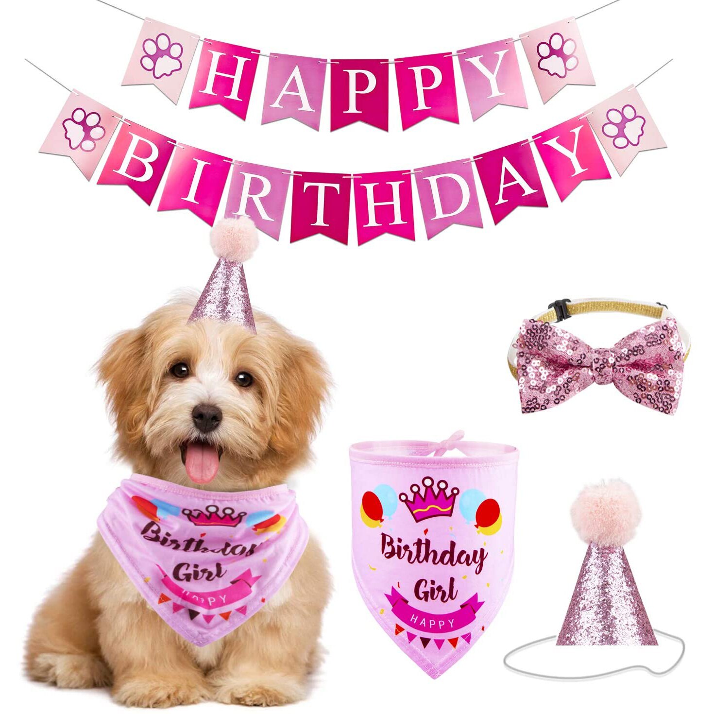 Écharpe Bandana d&#39;anniversaire pour chien, banderole, chapeau et nœud papillon pour animaux de compagnie, fournitures de fête d&#39;anniversaire