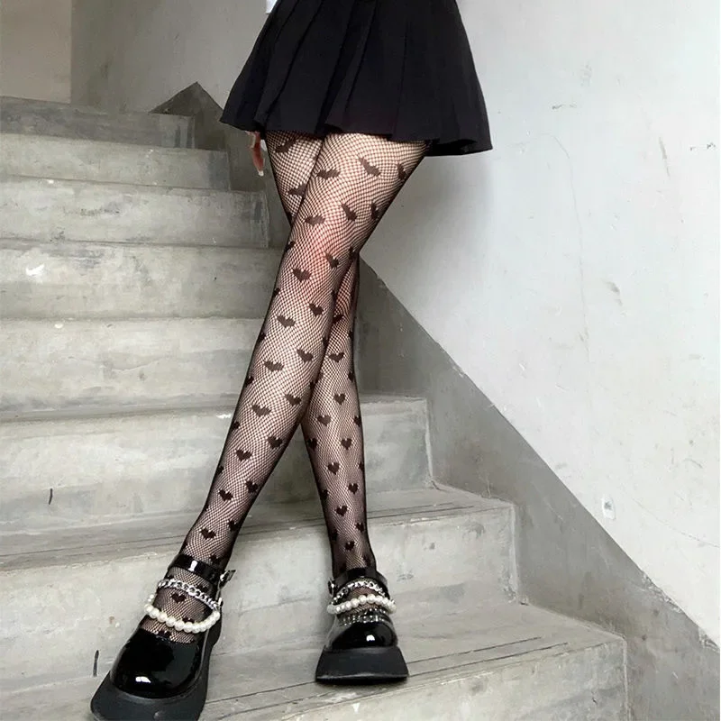 Star Heart Lolita Socks Tattoo Print Pantyhose Fishnet Stockings Kitty Cat Japanese JK Tights Gothic Cosplay Lace Black Tights: Red
