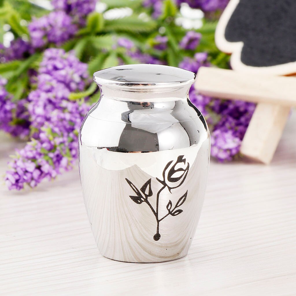 Stainless Steel Mini Urn Jar Funeral Cremation Container Rose Flower Pattern