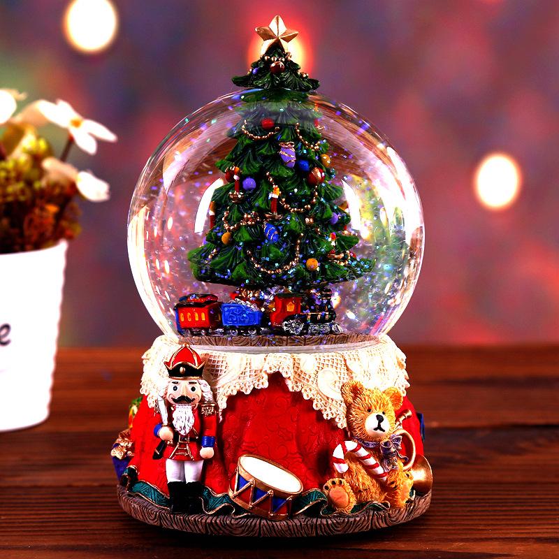 Resin Music Box Crystal Ball Snow Globe Glass Lights With Speaker Spinning Christmas Tree Crafts Desktop Decoration