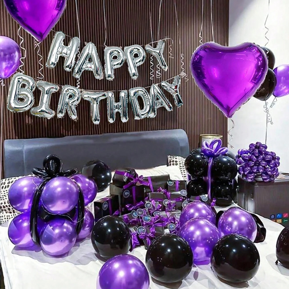 Purple Black Balloons Happy Birthday Banner Balloon Party Decoration Balloons Set For Birthdays, Anniversaries, Themed Parties