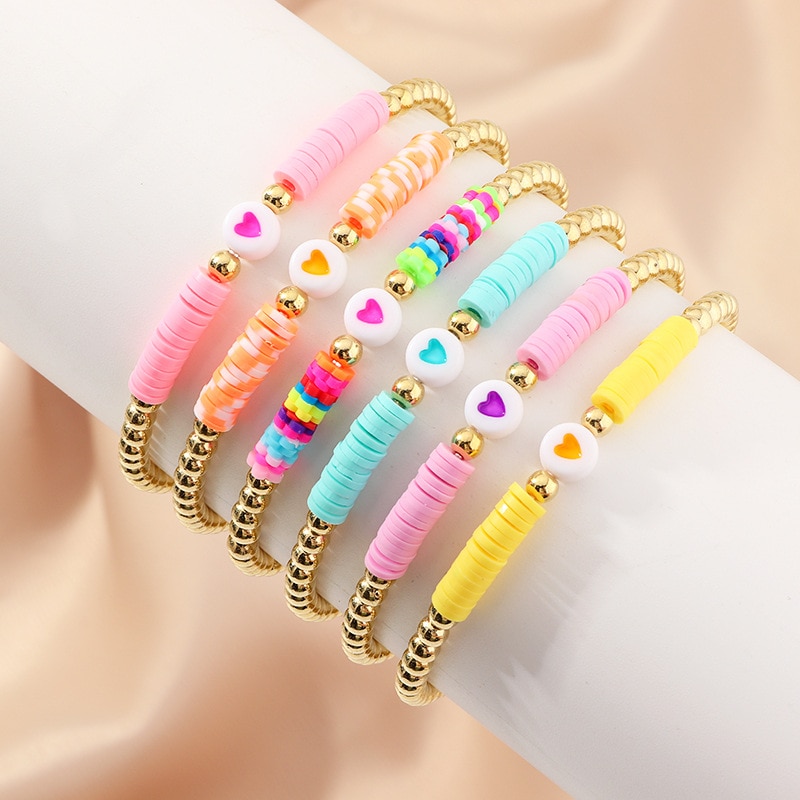 coloré polymère argile disques Bracelet femmes mignon coeur à la main réglable couleur or perles Bracelet Femme bijoux de fête