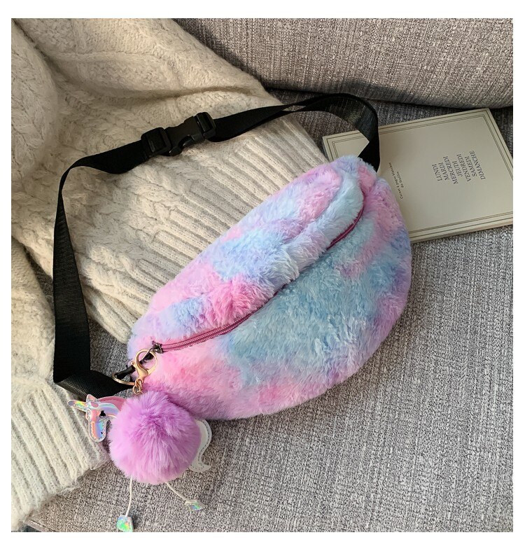 Inverno de veludo feminino fanny pack moda colorido de pelúcia pacote de cintura novo estilo saco de peito designer feminino bolsa crossbody: Purple belt bag