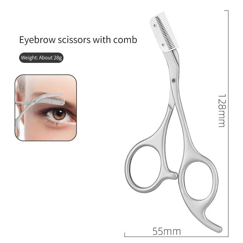 Tijeras para cejas para hombres y mujeres, herramientas de maquillaje, una textura de Metal con peine, maquinilla de afeitar para cejas, tijeras de belleza de acero inoxidable: Plata