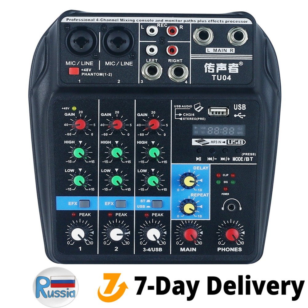 Eu/Us Plug Professionele Studio 4 Kanalen Mixer Audio Interface Usb Bluetooth Sound Mixing Console 48V Phantom Power geluidskaart