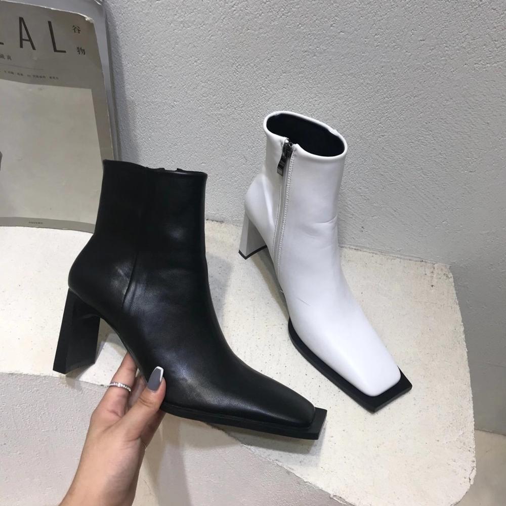 Botas Martin de punta cuadrada para mujer, botines a la con cremallera lateral, estilo romano, de tacón alto grueso para invierno, color blanco y negro