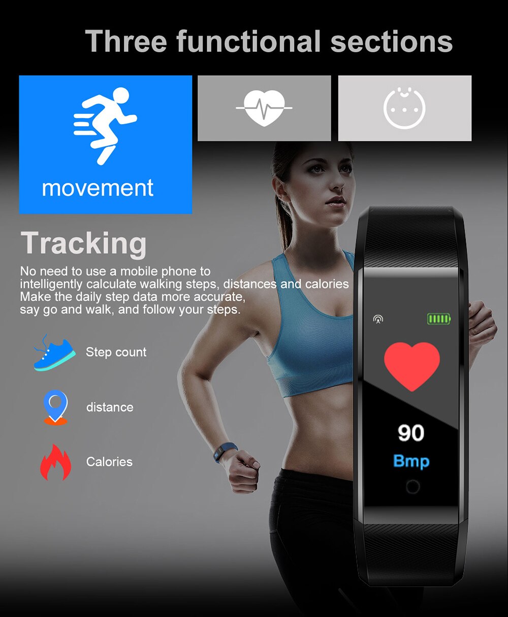 Pulsera inteligente deportiva resistente al agua IP67, con pantalla TFT de 0,96 pulgadas, control del ritmo cardíaco y de la presión arterial, para Fitness y calorías