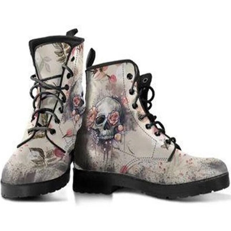 Botas altas con estampado de calavera y flores para mujer, botines estilo Martin para otoño e invierno, británica,