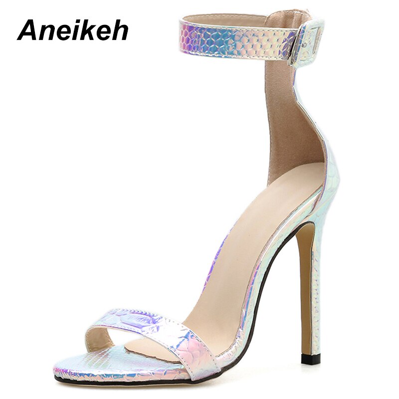 Aneikeh PU Women Shoes Thin High Heels Sandals Ankle Buckle Strap Sandals Pumps Party Dress Silver Blue Size 35-40