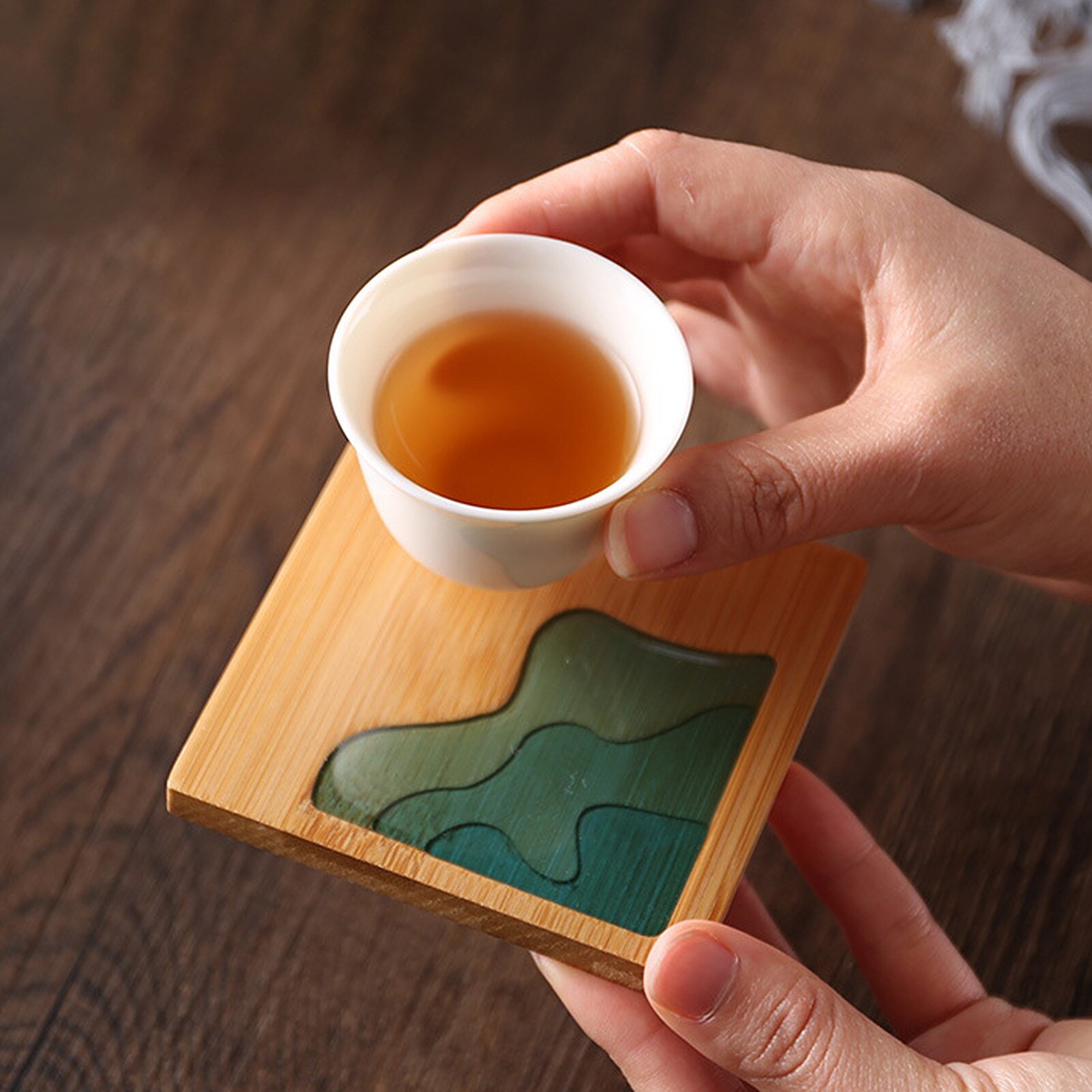 Round Cup Pad Epoxy Resin Transparent Bamboo Insulation Pad Landscape Pattern Coaster Tea Cup Holder Mat For Kitchen