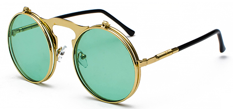 Peekaboo unisex retro steampunk sunglasses flip up green yellow red small round summer style unisex sun glasses men women: gold with green