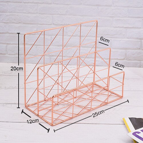 Rose Gold Desktop Storage Box Desk Magazine Rack with Pen Holder, Handmade Metal File Office Organizer Paper Tray Drawer Stor: C rose gold