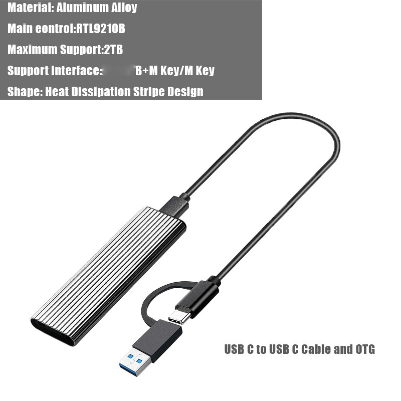 GUDGA – boîtier SSD Nvme avec double protocole OTG vers USB 3.1, adaptateur de disque dur Portable pour SSD M.2 2230/2260/2280/2242: Case OTG  Silver