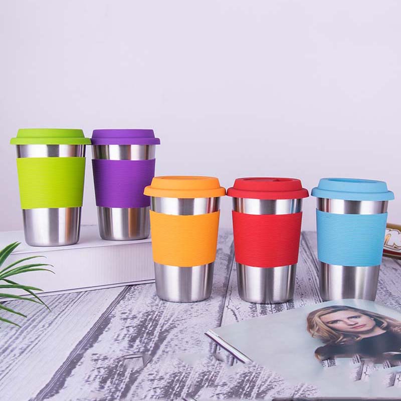 500ml Portable Practical Reusable Stainless Steel Silicone Cap Coffee Cups Eco Friendly Non-slip Travel Mugs Useful Wine Cup