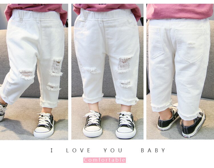 Frühling Herbst Baby Mädchen Zerrissene Jeans freundlicher freundlicher Gebrochen See Hosen Weiß Farbe Mädchen Elastische Taille Denim Hosen