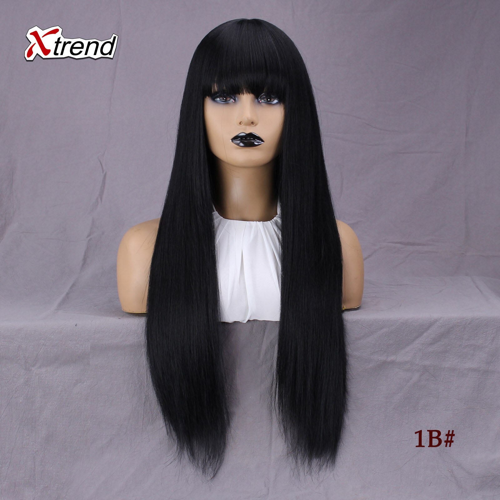 Xtrend Synthetic wig 26 Inch Straight Wig With Bangs Long Hair Wigs for Women Heat Resistant for Daily Halloween Cosplay Party: 1B Natural Black