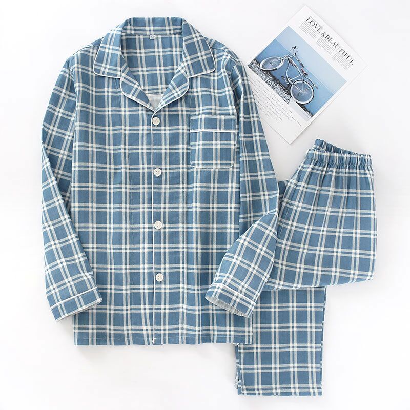 Men's Plaid Pajama Suit 100% Cotton Gauze Thin Casual Pijama Set Long Sleeves Long Trousers Mens Pyjama Autumn Men Sleepwear: Blue / L