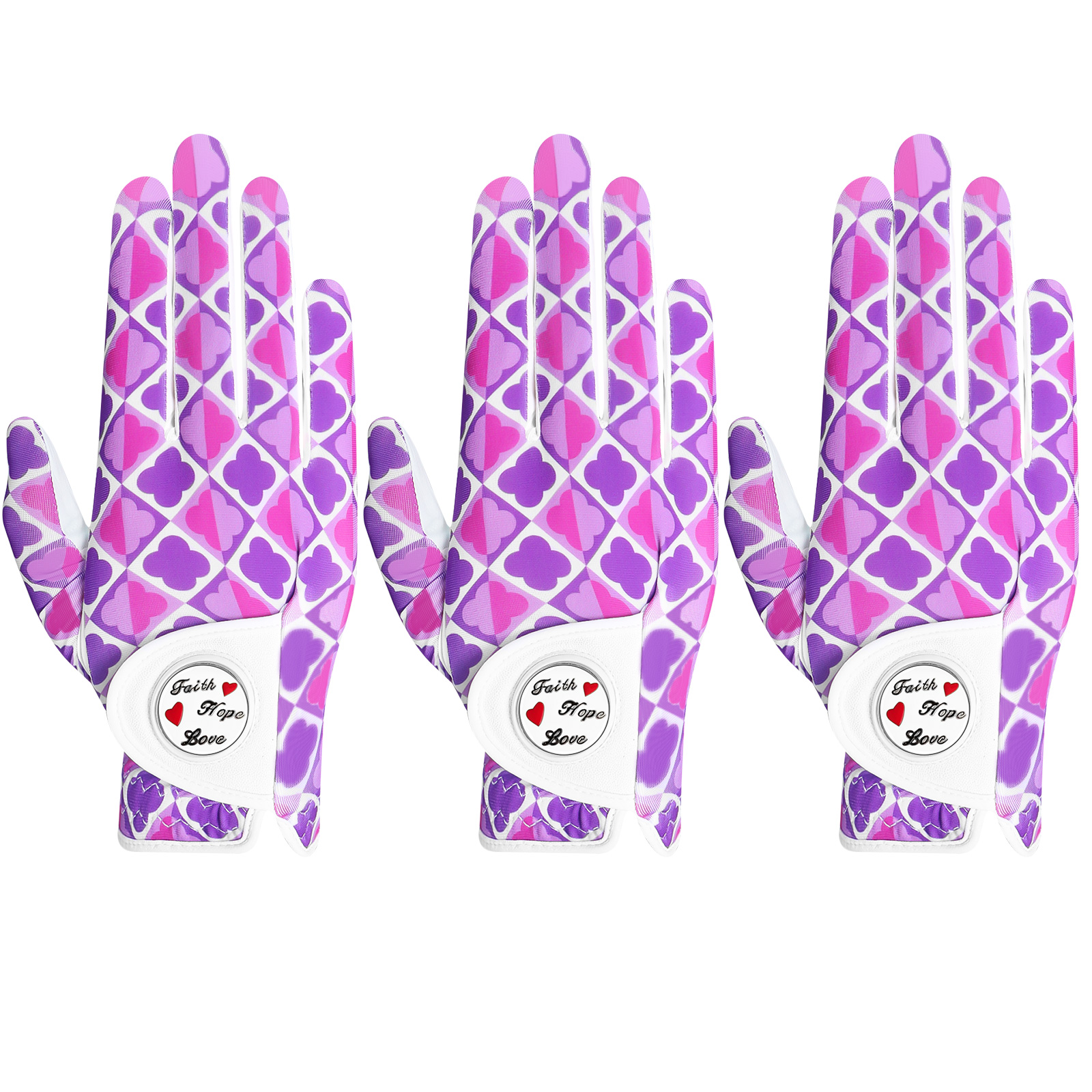 Guantes de golf para mujer, mano izquierda derecha de cuero con marcador de bola, paquete de 3, guantes de colores para golfista diestros y zurdos, agarre para todo tipo de clima: Morado / S