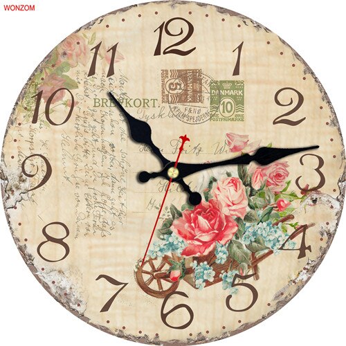 Reloj de pared redondo de madera con de flores y flores, reloj de pared redondo decorativo con de números arábigos, sin tic-tac, grande, para dormitorios y baño: 13354 / 14inch(34CM)