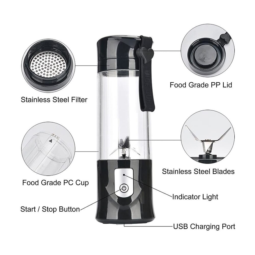 Draagbare Blender, Mini Blender voor Shakes en Smoothies met Oplaadbare USB, 380Ml Reizen Draagbare Fruit Veggie Juicer Cup Blender Met 6 Blades
