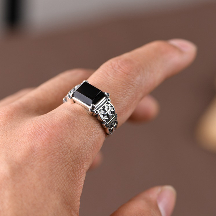 HX – bague croisée couleur argent pour hommes, personnalité dominante, tendance Hip Hop, anneau unique, bijoux en pierre noire,