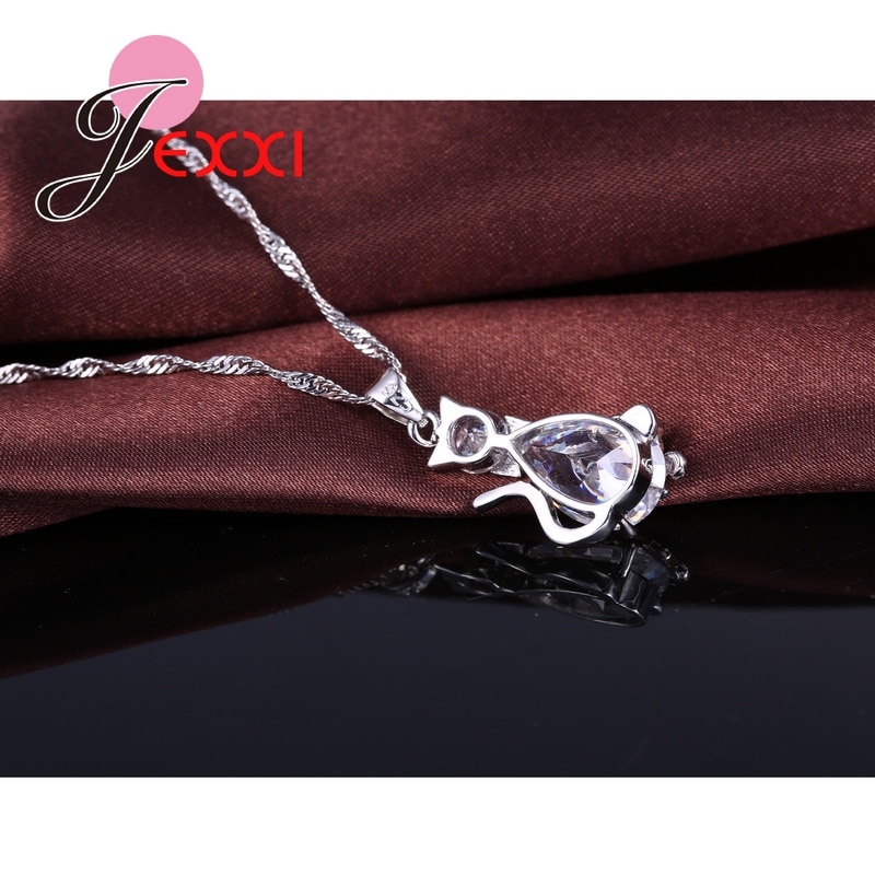 925 Sterling Silver Sweet Cat Shape Women Necklace Earrings Jewelry Set With Crystal Nice Party Wedding