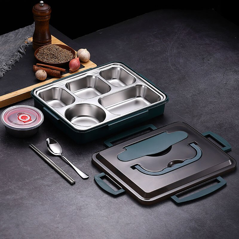 WORTHBUY Japanese Lunch Box For Kids 18/8 Stainless Steel Bento Box With Compartments Tableware Kitchen Food Storage Container: Green With Bowl