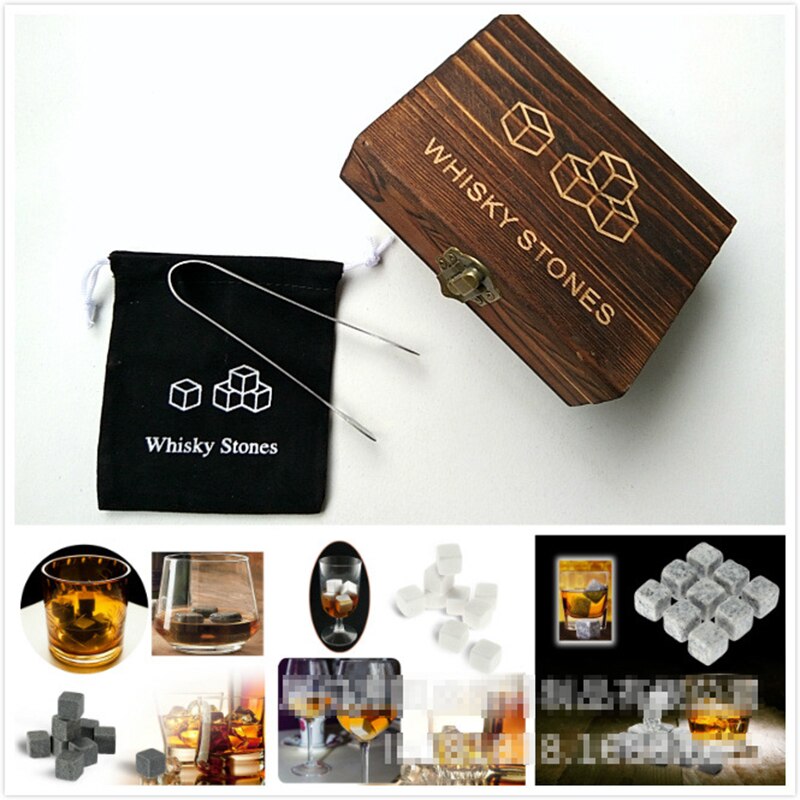 9Pcs Whisky Ice Stones with Wooden Box& Velvet Bag Wine Drinks Cooler Cubes Whisky Stone Granite Pouch Reusable Cubes Granite