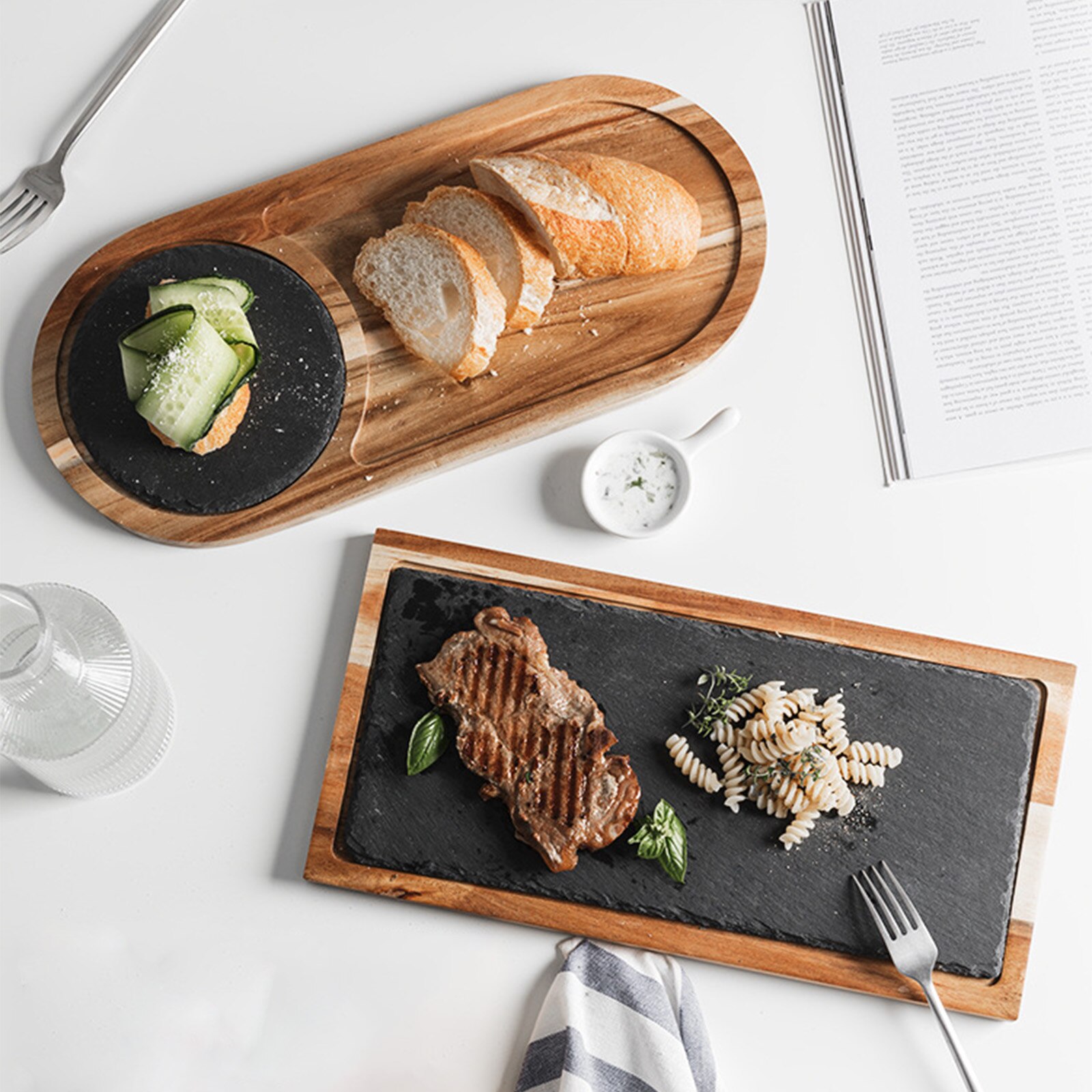 Steak Serving Board Multipurpose Wooden Serving Tray Easy To Clean Serving Plate With Slate Stone For Home Kitchen