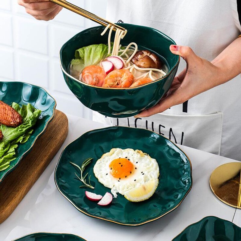 Gold Side Green Plate Tableware Bright Light Steak Dish Dessert Tray Rice Salad Noodles Bowl Dinner Plates Ceramic Dishes 1 PC