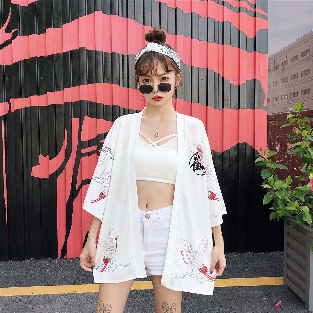 Japanese Yukata Kimono Summer Top Japan Printed Crane Haori Kimono Japones Harajuku Kimono Boho Yukata Women