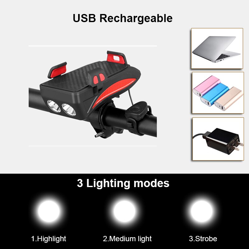 Fietshoorn en telefoonhouder in één, multifunctionele fietsverlichting, koplamp, led-bel, gps-clip, stuurbevestiging ,  b82