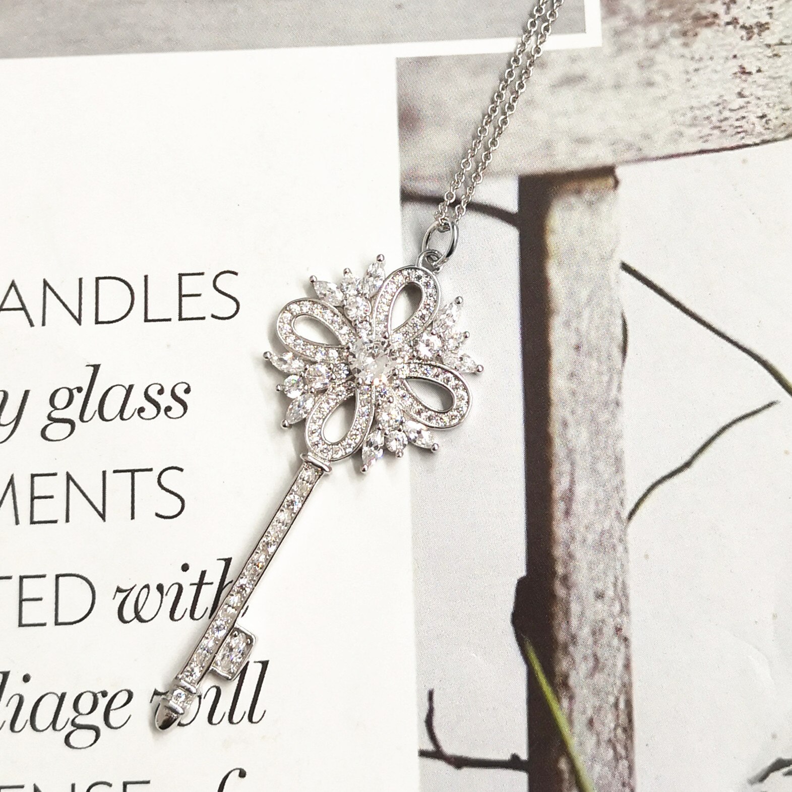 Women's S925 Sterling Silver Classic Rose Gold Key with Zircon Pendant Necklace