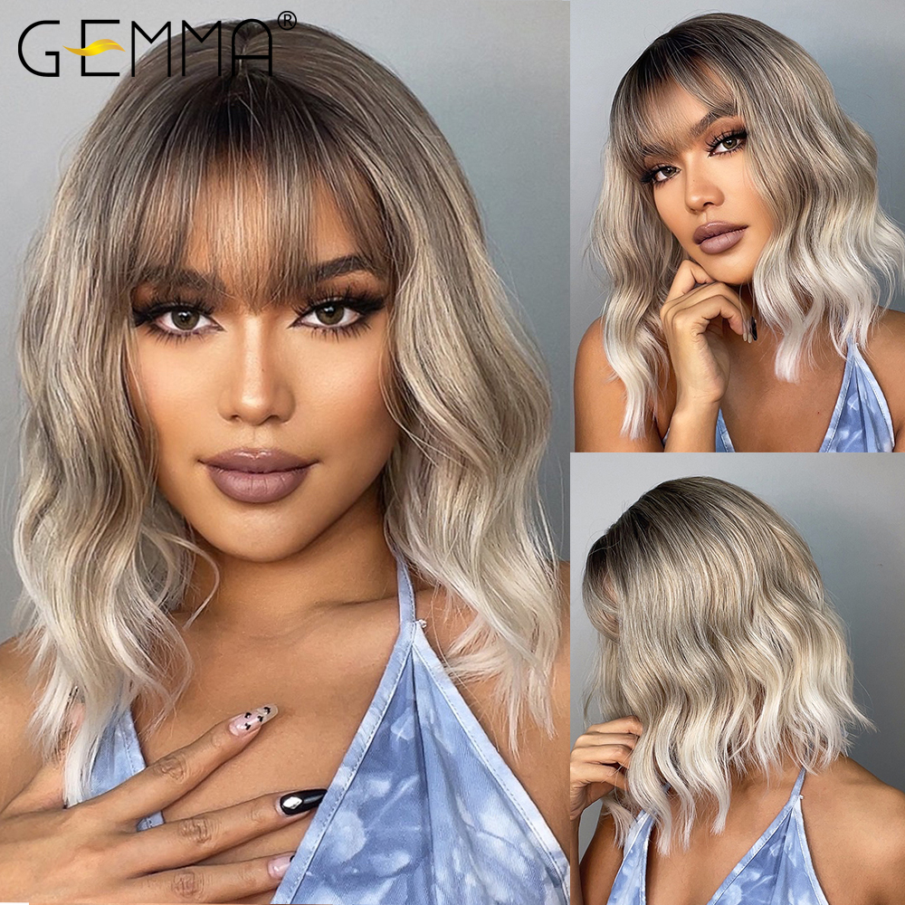 GEMMA – perruques synthétiques Bob courtes et lisses avec frange pour femmes, perruques Afro ombrées noires brunes jaunes blondes, cheveux quotidiens de fête Cosplay: # 35