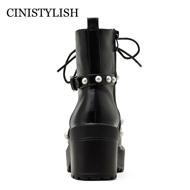 Zapatos góticos de demonio con hebilla de perla para mujer, botines de estilo gótico con plataforma Punk, botas con cordones,
