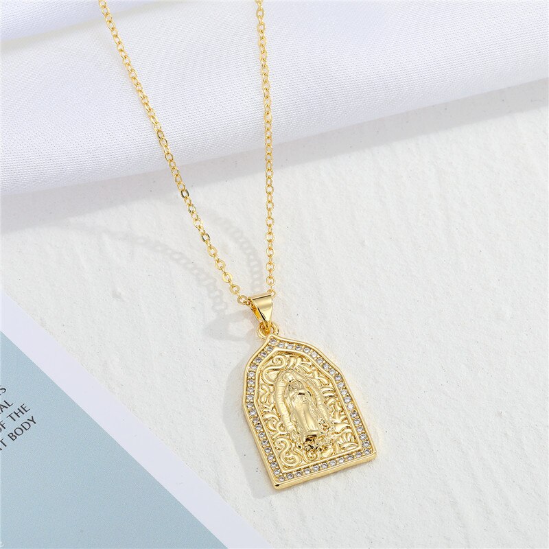 1 Pc Kleurrijke Maagd Maria Ketting Voor Vrouwen Sieraden Vintage Hollow Shiny Zirkoon Ronde Geometrische Hanger Sleutelbeen Keten N698-33: fangzi maliya