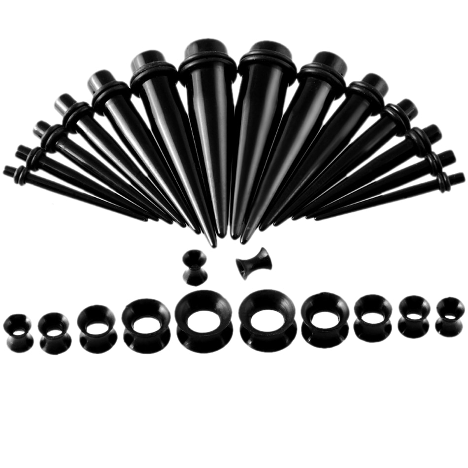 30 stks/partij Zwart Acryl Oor Taper Plug met Siliconen Oor Tunnels Plug Gauge Kit Oor Expander Brancard Set Body Piercing sieraden